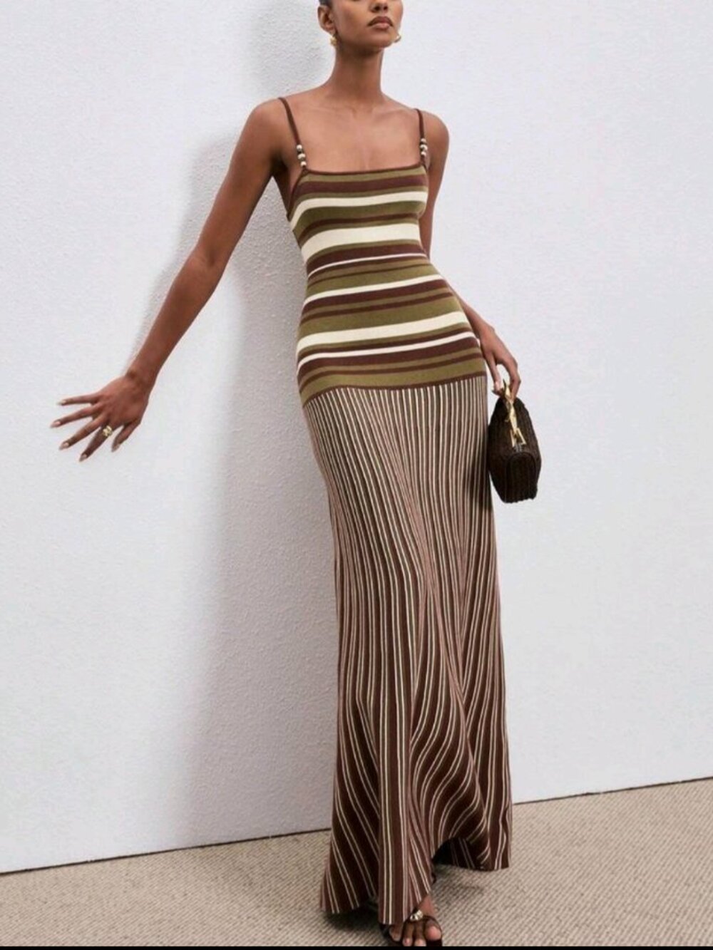 Women's Striped Knit Dress – Beaded Spaghetti Strap Midi Dress, Elegant Chic